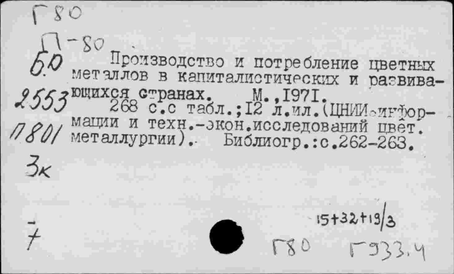 ﻿ЬО Производство и потребление цветных металлов в капиталистических и раевива-9«^юшихся странах. М., 1971.
268 с.с табл.;12 л.илЛЦШ'М-иг^юр-/7 рл/ мации и техн.-экон.исследований цвет". '/бУ/ металлургии).- Библиогр.:с.262-263.
15+з2Л1з/а гэу